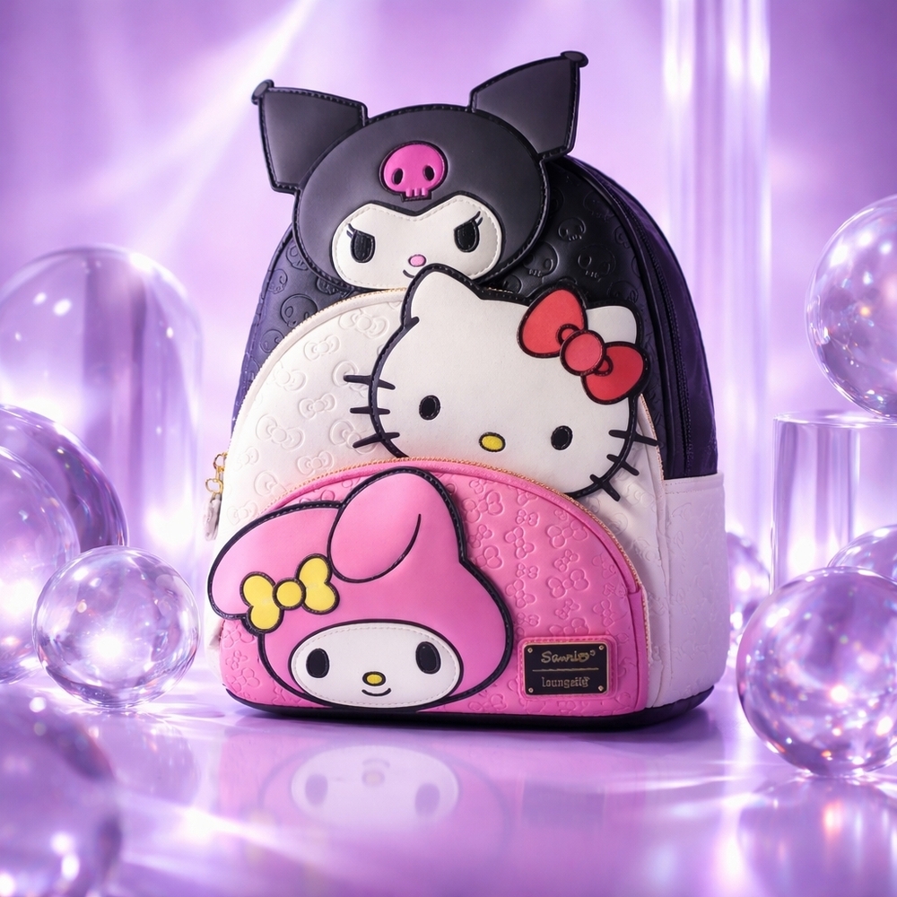 Loungefly Kuromi, My Melody, and Hello Kitty Glow In The Dark Triple Pocket
